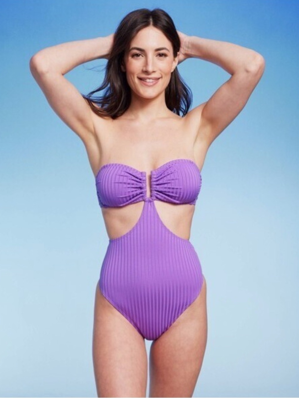 Shade & Shore Purple Ribbed One Piece Cut-Out Bathing Suit - Picture 3 of 9